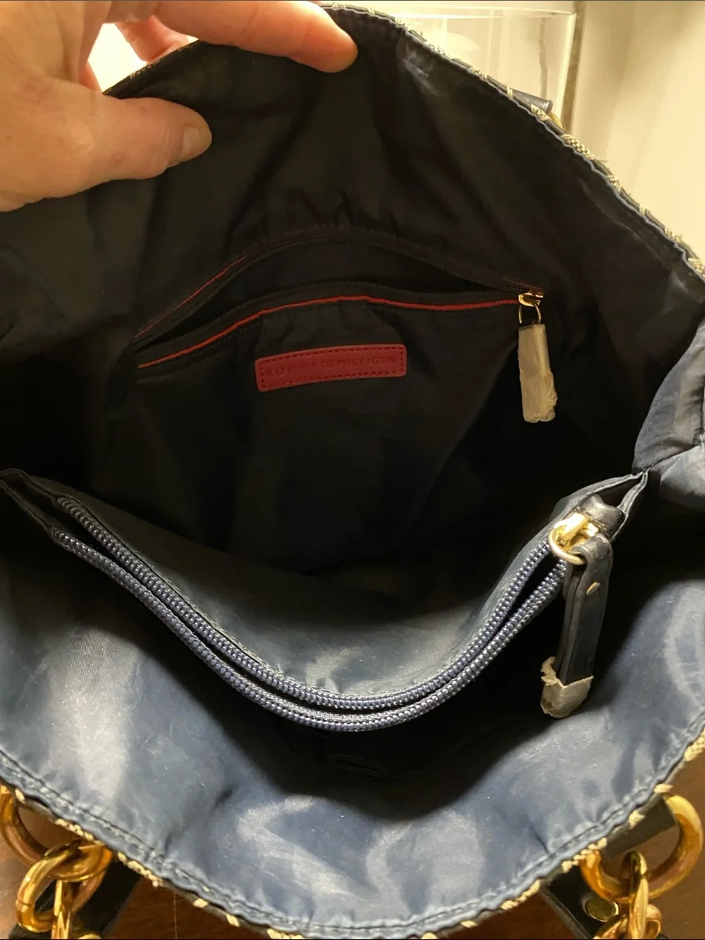 Tommy Hilfiger Black and Cream Geometric Logo Tote with Gold Accents
